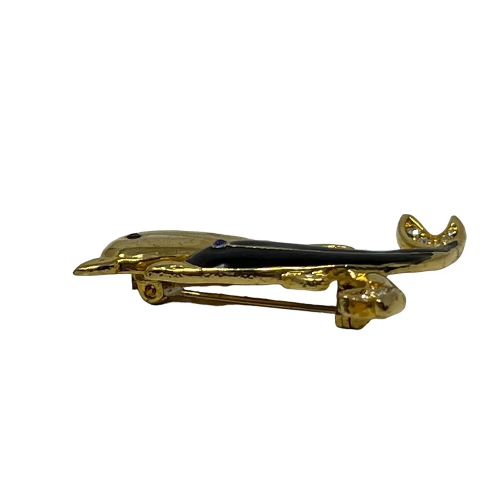 Two Dolphin Brooch Gold Tone Black Enamel Crystal Accents Porpoise‎ Pin